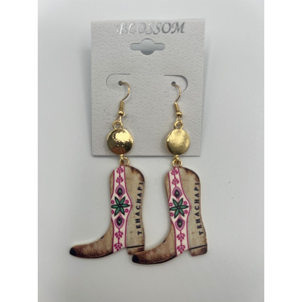 Blossom Tehachapi Cowboy Boot Drop Earrings Gold Tone Western Floral Dangle